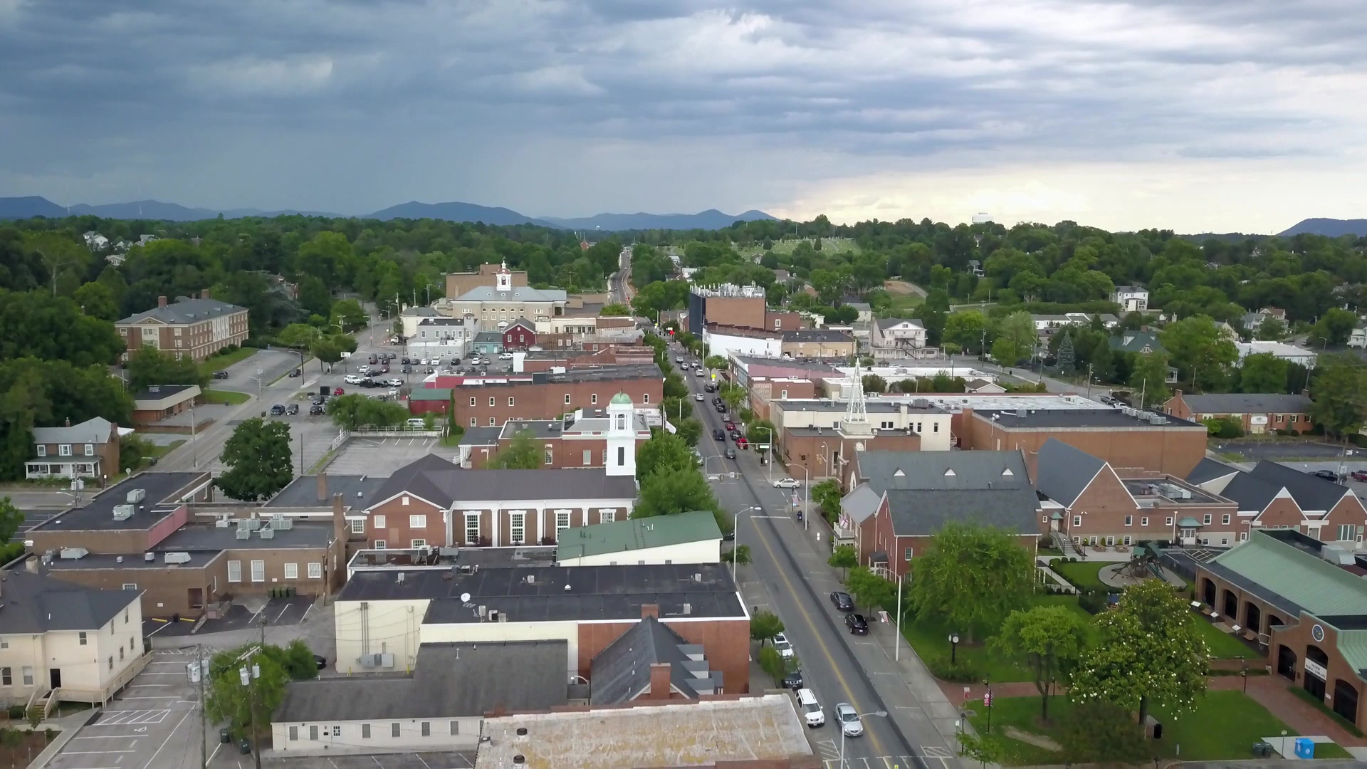 Aerial view of the Roanoke Valley with the Blue Ridge Mountains in the distance